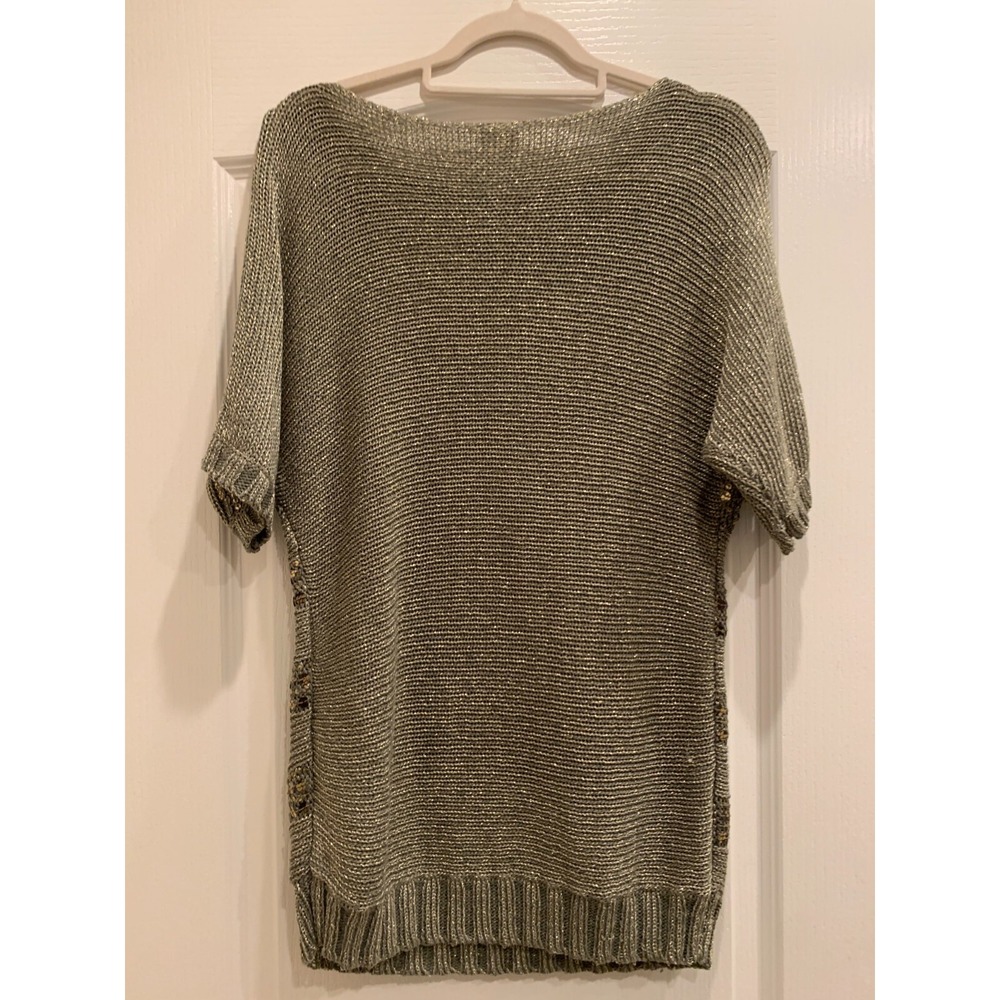 Vintage Chicos Sequin Olive Green Metallic Knit Short Sleeve Sweater Sz 2 - Picture 2 of 4